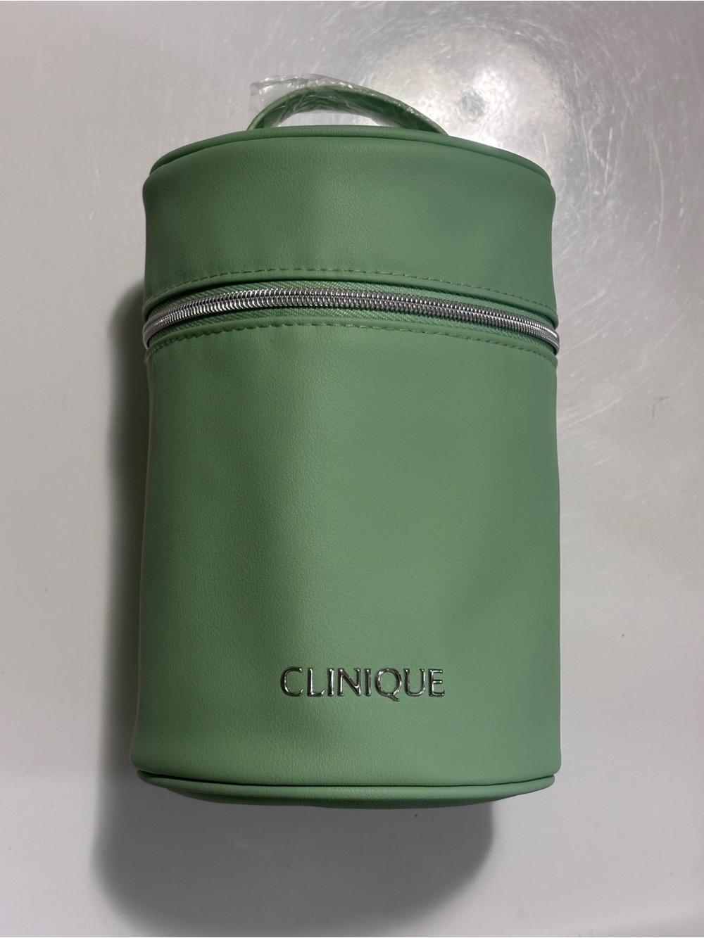 Clinique Mint Green Cosmetic Travel Bag Makeup Case Cylinder Zip Top Handle NWOT